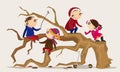 Some adventurous kids climb a tree and have fun