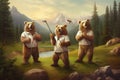 Bears playing golf illustration generative ai