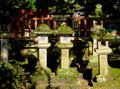 Stone lanterns at the Tamukeyama Hachimangu temple in Nara, Japan