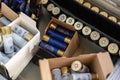 Some boxes storage with hunting bullets ammunition for animal rifles