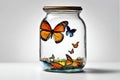 Some butterflies in a transparent glass jar on white background. Royalty Free Stock Photo