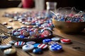 a bowl of patriotic buttons on a wooden table. Generative AI
