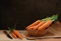 Some carrots on a wooden table of a rustic kitchen against a chalk black background.