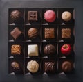 some chocolates on a flat black surface realist: lifelike accuracy