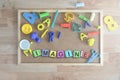 Some colored cube letters on a blackboard in a classroom forming the word IMAGINE.