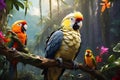 some colorful birds are sitting on a branch in a forest