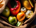 Some colorful fresh fruits and vegetables. Capsicums of green, red and yellow color