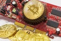 Some of crypto currency symbol bitcoin on video card Royalty Free Stock Photo
