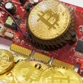 Some of crypto currency symbol bitcoin on video card Royalty Free Stock Photo