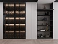 Some drinks and glasses are displayed into the bar, some expensive accessories into the wall unit, and 3D rendering Royalty Free Stock Photo