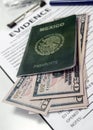 Some fifty-dollar notes in a Mexican passport in a crime lab