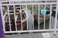 Some fishing boats behind the guardrail at the river