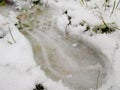 Some footprint in first snow in this winter Royalty Free Stock Photo