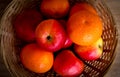 Fruits in a basket: apples and oranges Royalty Free Stock Photo