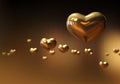 Some gold Valentine day hearts on dark background. 3D render. 3d illustration