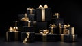Some golden gift boxed on black background. Black surprise box Surprise darling love. generative ai