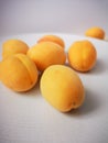 Some juicy ripe sweet apricots lie on a large round white plate that stands on a wooden table.