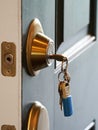 Keys in deadbolt lock of front door Royalty Free Stock Photo