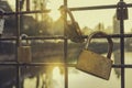 Love locks at sunset in Strasbourg Royalty Free Stock Photo
