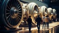 Some man walk near the huge turbines of the plane. Aircraft details production and exhibition. Generative AI Royalty Free Stock Photo