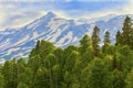 Beautiful green forest at the foot of the mountains covered with eternal snow