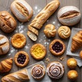 Some muffins and twisted bread rolls are present placed on gray Royalty Free Stock Photo