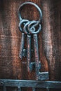 Some old rusty keys hanging on a wooden key chain Royalty Free Stock Photo