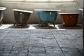 Some old used bathtubs lined up in an industrial ruin building Royalty Free Stock Photo