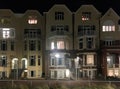 Old vintage house buildings architecture in the streets of scheveningen a city in the Netherlands at night Royalty Free Stock Photo