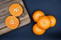 Some oranges on a wooden tray