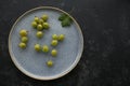 Some organic gooseberries from the garden and a leaf on a blue gray plate and a dark slate background with copy space, high angle