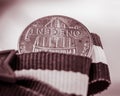 Monochrome close-up of Tail side of Penny upside down