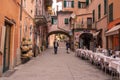 Italy, Monterosso Ã¢â¬â 12 April 2019: some people are walking down the street in Monterosse, Cinque Terre, Liguria