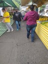 Some people walking by and shopping at the stands of a public open market, feira livre, in Sao Paulo.