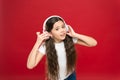 Some problems. Girl sad child listen music headphones. Get music account subscription. Enjoy music concept. Sound Royalty Free Stock Photo