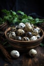 Some quail eggs in an outdoor setting ai created