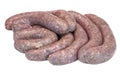 Some Raw Bratwurst In Natural Casing Isolated On White