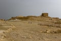 Some of the reconstructed ruins of the ancient Jewish clifftop fortress of Masada in Southern Israel. Everything below the marked Royalty Free Stock Photo