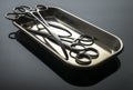 Some scissors for surgery on a tray, conceptual image