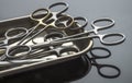 Some scissors for surgery on a tray, conceptual image