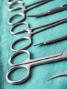 Some scissors for surgery on a tray in an operating theate