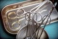 Some scissors for surgery on a tray in an operating theater