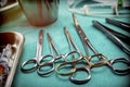 Some scissors for surgery on a tray in an operating theater