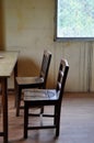 Some simple Wooden chairs at a table