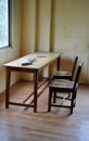 Some simple Wooden chairs at a table