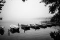 Some small rowboats lie on the shore of a lake in the fog Royalty Free Stock Photo