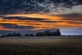 Some trees on the field in Canada. The sun is setting behind the trees on the horizon. Royalty Free Stock Photo