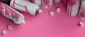 Some used pink aerosol spray cans and nozzles with paint drips lies on a blanket of soft and furry light pink fleece fabric. Class Royalty Free Stock Photo