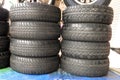 Some used tyres in the garage Royalty Free Stock Photo