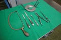 various instruments for an amputation lie on a surgical cloth Royalty Free Stock Photo